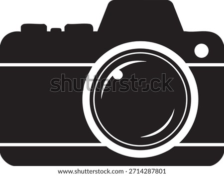 Black and white camera with lens and viewfinder details in minimalist style