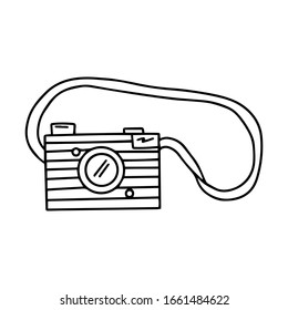 Black and white camera on the strap in a doodle style. Vintage camera with a lens. Simple vector illustration drawn by hand, isolated on a white background. Outline drawing.