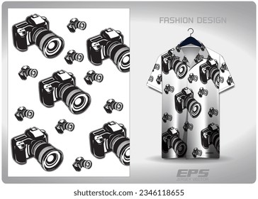 black and white camera patterned Hawaiian shirt vector background image For making backgrounds for aloha shirt wallpaper or various backdrops.