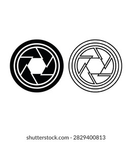 Black and white camera shutter aperture icons set. Minimalist symbols representing photography, focus, iris, and lens settings for professional camera equipment.