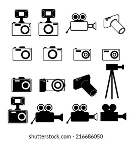 Black and white cameras icon set