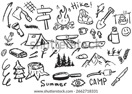 Black and white camp sketch set featuring tent, campfire, and hiking gear. Detailed outdoor adventure collection with trees, mountains, and tools.