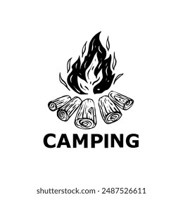 Black and white camping logo featuring a campfire with logs and flames, ideal for outdoor activities.