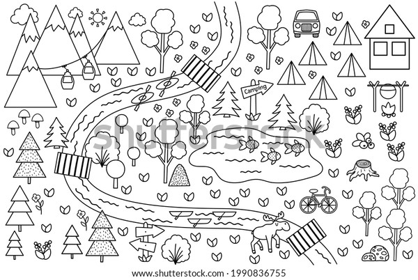 Black and white camping map. Summer camp background.\
Vector nature clip art, infographic outline elements or coloring\
page with mountains, forest, river, bike, cable car. Hiking or\
campfire plan. 
