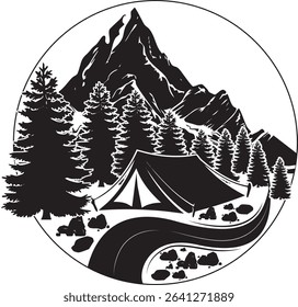 Black and white camping scene featuring a tent, mountain range, trees, and a winding path, all contained within a circular frame.
