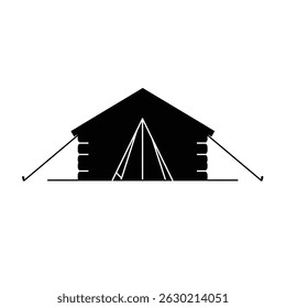 Black and white camping tent illustration representing adventure and outdoor activities
