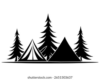 Black and White Camping Tent and Pine Tree Forest Silhouette  Illustration for Outdoor Adventure Designs