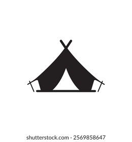 Black and white camping tent vector icon, perfect for outdoor designs, adventure branding, travel projects, and minimalist art themes.