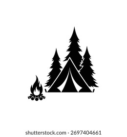 Icono de camping blanco y negro con tienda y árbol para temas al aire libre