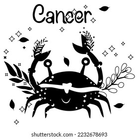 Black and white Cancer astrological sign. Cute Zodiac sign with colorful leaves and stars around. Cute Cancer perfect for posters, logo, cards. Vector illustration.