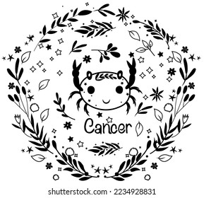 Black and white Cancer. Cute Zodiac in a colorful wreath of leaves, flowers and stars around. Cute Cancer perfect for posters, logo, cards. Astrological Cancer zodiac. Vector illustration.