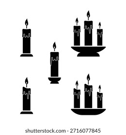 Conjunto de silhuetas de vela preto e branco. Velas flaming ícones planos.