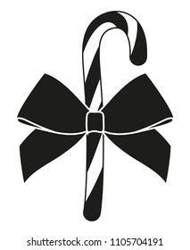 Black and white candy cane gift with bow silhouette. Xmas themed vector illustration for icon, logo, sticker, patch, label, sign, badge, certificate or poster decoration