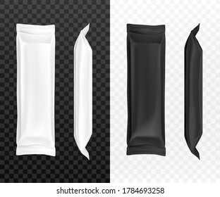 Black and white candy wrappers isolated on background. Template of blank flow packaging for food, sweets, snack or sachet. Production design elements. Realistic 3d vector illustration, clip art.