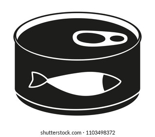 Black and white canned fish silhouette. Simple supply for domestic animal. Cat food vector illustration for icon, sticker, patch, label, badge, certificate or gift card decoration
