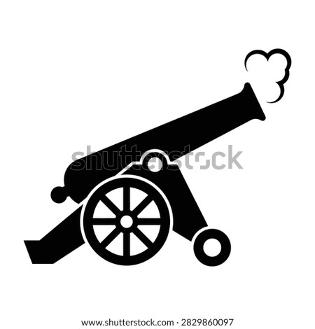 Black and white cannon icon with smoke puff symbol. Vintage artillery silhouette representing historical warfare and military themes.