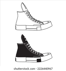 Black and white canvas high top sneakers, flat design, line art