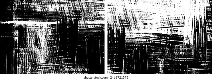 Black and white canvas texture backgrounds, modern abstract backdrop designs set. Rough textured brush strokes painting, vector artwork