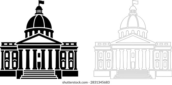 Black and white capitol building icons showing government architecture and court house design