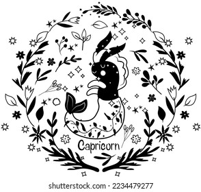 Black and white Capricorn Zodiac in a colorful wreath of leaves, flowers and stars around. Capricorn perfect for posters, logo, cards. Astrological Capricorn zodiac. Vector illustration