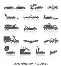 Black and white car crash and accidents icons with pedestrian warning sign and tow truck vector illustration