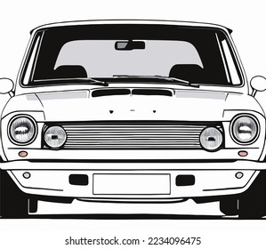 Black white car, Car drawing, Vector line illustration car, front view, white background