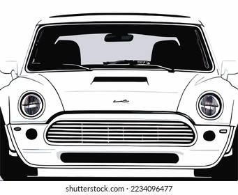 Black white car, Car drawing, Vector line illustration car, front view, white background