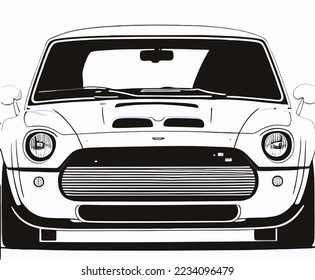 Auto blanco negro, dibujo de coche, auto de ilustración de línea del vector, vista frontal, fondo blanco