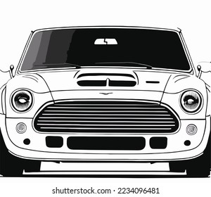 Black white car, Car drawing, Vector line illustration car, front view, white background