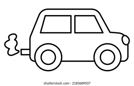 Black And White Car Emitting Exhaust Gases. Traditional Line Transport Harm Concept. Automobile With Exhaust Pipe Illustration Isolated On White Background. Emission Reduce Icon Or Coloring Page
