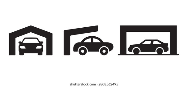 Black and white car garage icon set showing vehicles parked in various storage structures flat style.