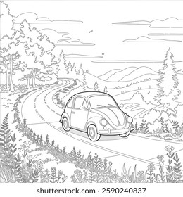 A black and white A car is going on a bumpy road nature coloring page 