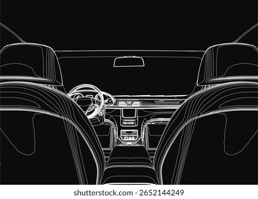 Black and white car interior featuring a steering wheel, dashboard, and seats against a dark background. The moody lighting creates a mysterious and alluring atmosphere.