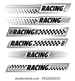 Black and white car and moto sports decals. Horizontal checkeres halftone designs for racing tournaments and competitions. Sample bold speed text words with linear patterns