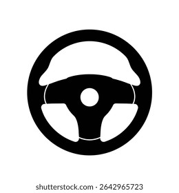 Black and white car steering wheel icon.