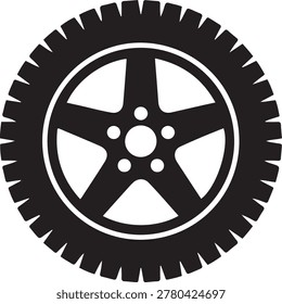 Black and White Car Tire with Five Spoke Rim. silhouette vector illustration
