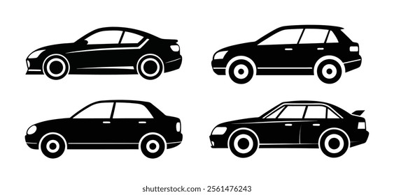 Black And White Car Vector Set. Classic Car Silhouettes Collection. Modern And Vintage Car Icons.