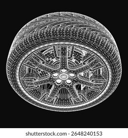 Uma roda de carro preto e branco com padrões de linha intrincados destaca-se contra um fundo escuro. O design geométrico detalhado cria um ponto focal artístico e arrojado.