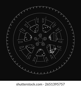 Uma roda de carro preto e branco se destaca contra um fundo escuro neste desenho minimalista. A composição centralizada destaca as linhas limpas da roda e o contraste acentuado.