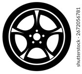Black and white car wheel vector icon on white background.