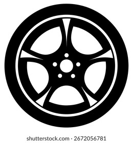 Ícone de vetor de roda de carro preto e branco no fundo branco.