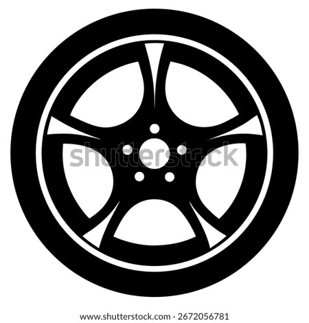 Black and white car wheel vector icon on white background.