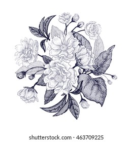 Black and white card with bouquet of the Chinese plum tree branches. 