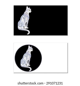 Black and white card with a cat. Template for business cards.