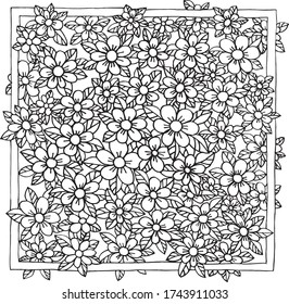 Black & white card with cute flower ornament, hand drawn line art. Good for card, poster, print, adult coloring book