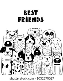 Black and white card with doodle dogs. Funny animals. Vector illustration. Can be used for child books, cards, mug, T-shirt print.