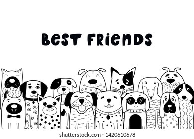 Black and white card with doodle dogs. Funny animals. Vector illustration. Happy friendship day. Can be used for child books, cards, mug, T-shirt print.