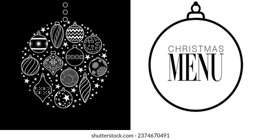 Black and white card, for an end-of-year holiday menu at home or in a restaurant (cover and back cover) on the theme of Christmas baubles.