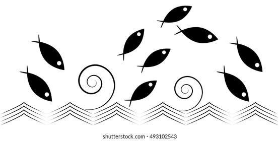 Black and white card with fishes jumping above the waves - decorative elements for design label/ menu/ advertisement/ logo. Gaggle of fishes flying over beautiful waves. Vector.