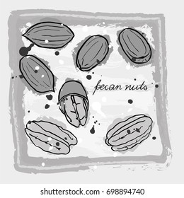A black and white card with hand drawn pecan nuts in grayish tones on grunge background